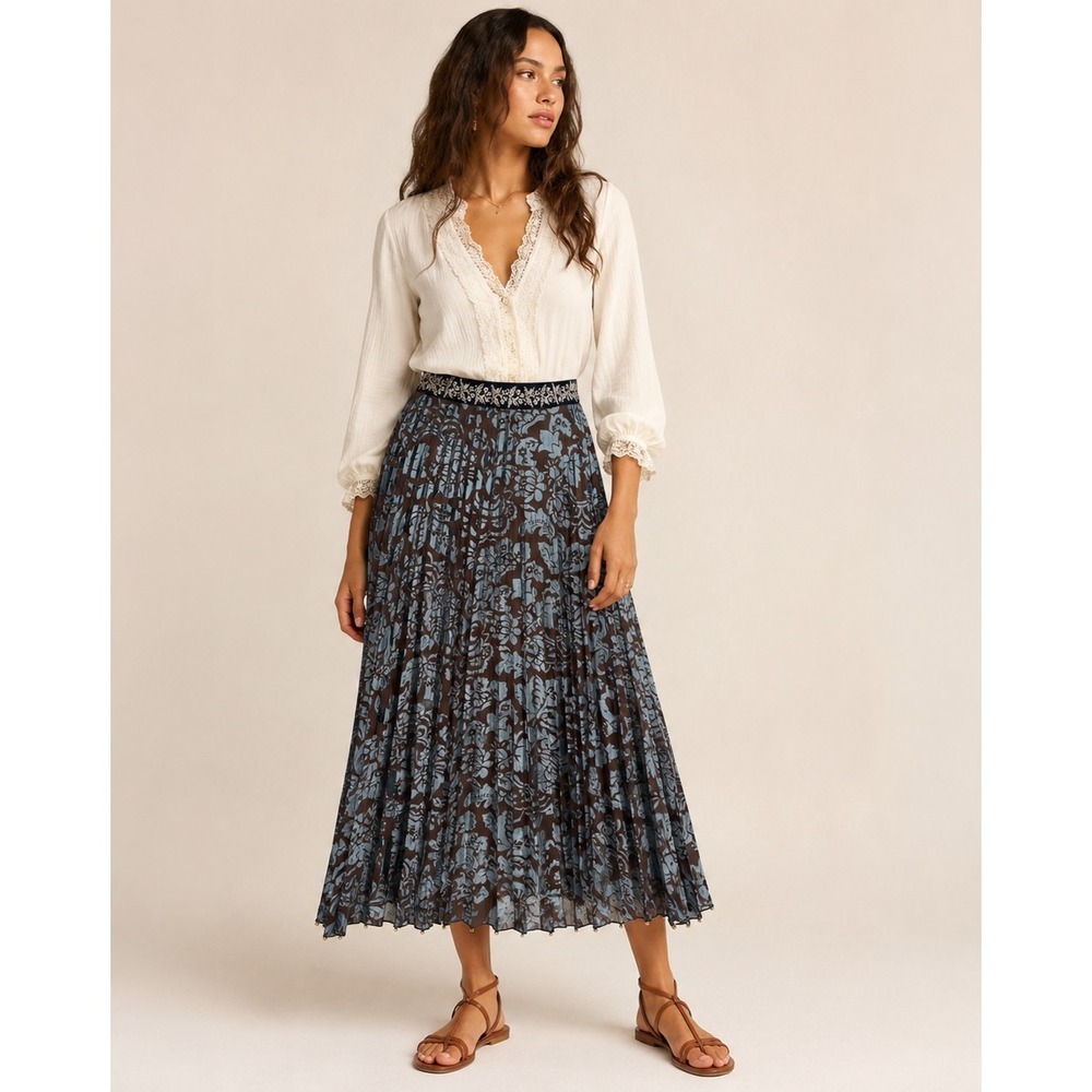 Soft Surrondings Maxi Skirt Womens 4 Blue Brown Textured Velvet Beaded Lined NEW